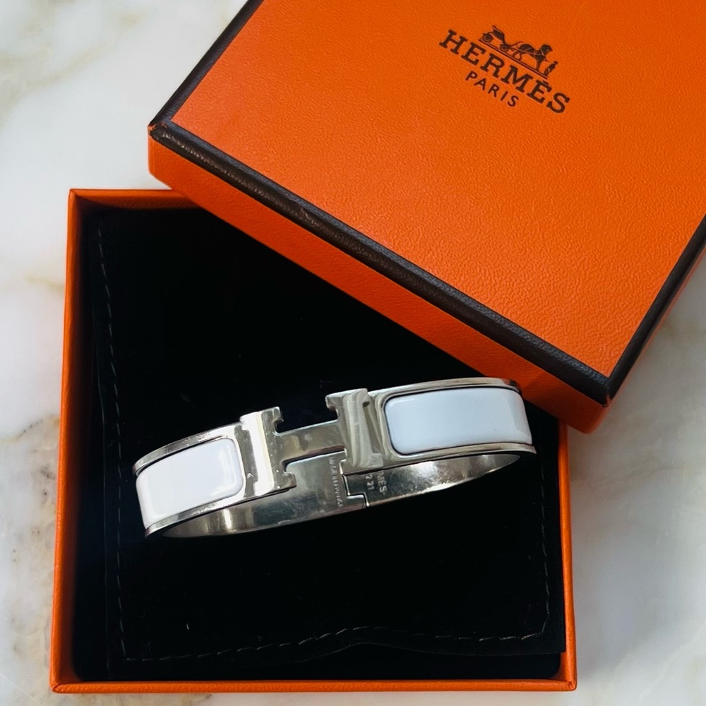 HERMES CLIC H BRACELET GM WHITE BLANC IN SILVER